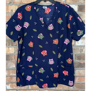 Navy Blue Women’s V-Neck Short Sleeve Scrub Top Multicolored Owls Large